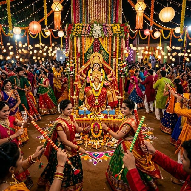 Navratri celebration with Maa Durga's pandal and garba dancers
